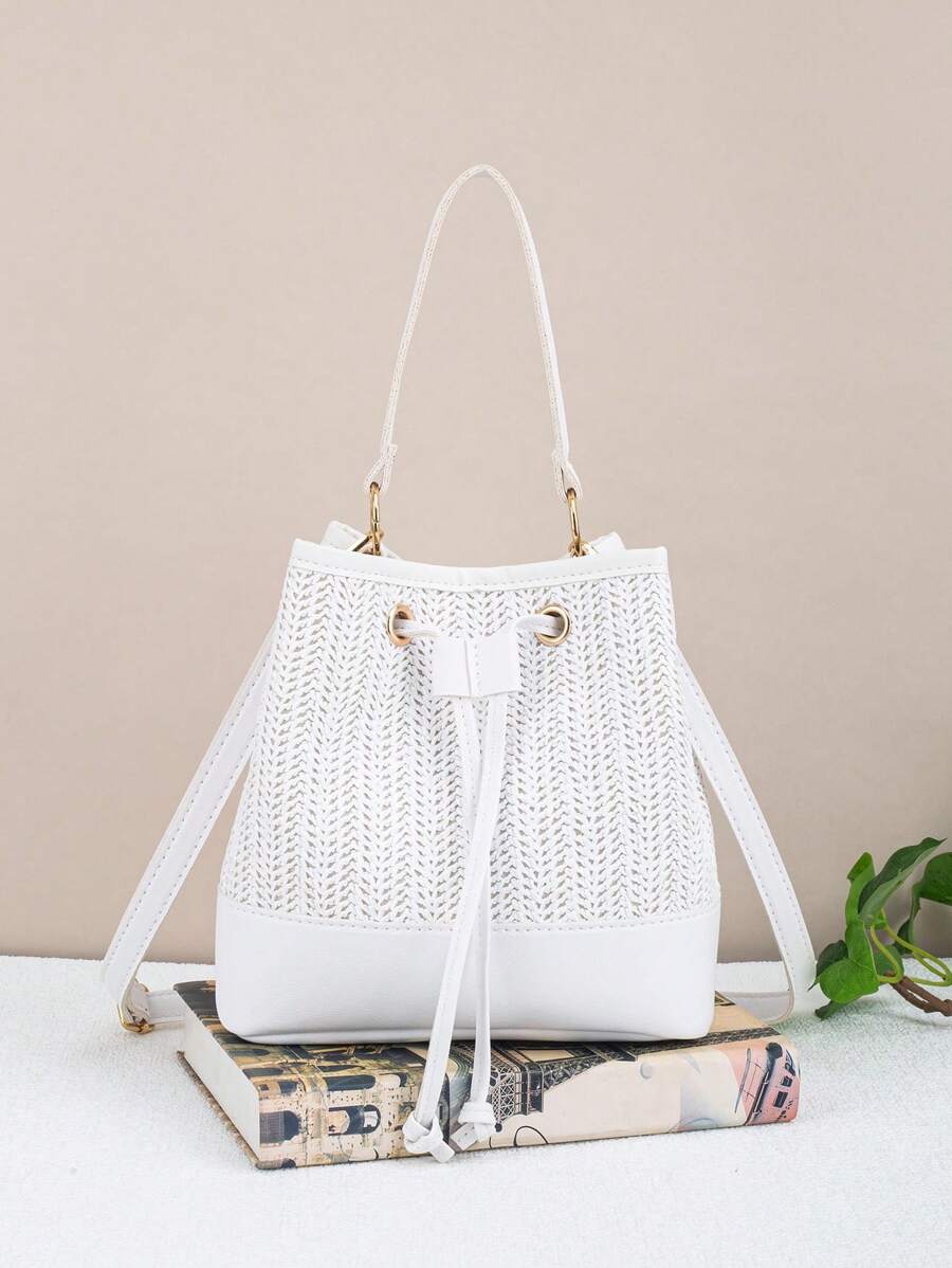 Large Capacity Drawstring Water Bucket Bag, Versatile Daily Tote Bag, New Summer Beach Bag, Straw Handbag & Shoulder Bag For Women, Eye-Catching Beach Bag Summer, Summer Straw Beach Bag For Women, Hottest Beach Bags For Women, Fashion Summer Vacation Bag, Beach Essentials Women Bags For Vacation & Holiday, Newest Holiday Bag ,Vacation Essentials - White - View 1