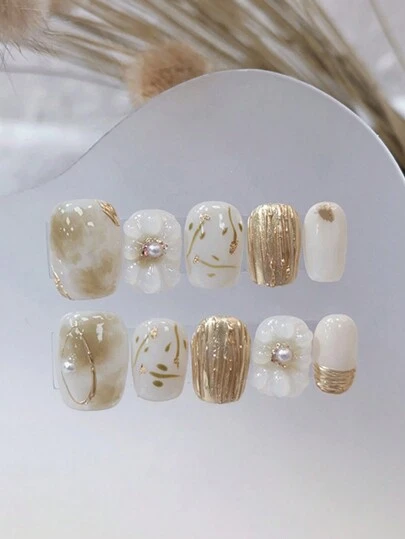 10 件优雅高端金边 3D 仿珍珠小花渐变金色指甲装饰按压式指甲美甲用品指甲