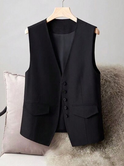 Conjunto de ropa de primavera nueva para mujer. Es un chaleco sin mangas de estilo holgado diseñado por diseñadores de moda, que le da un aspecto de alta gama. Tiene botones y se puede usar como una capa base para ocasiones formales como fiestas, banquetes o simplemente como una prenda superior. Es un chaleco de traje sin mangas. Chaqueta de punto ligera para mujer que también es adecuada para usar en una cita de San Valentín.