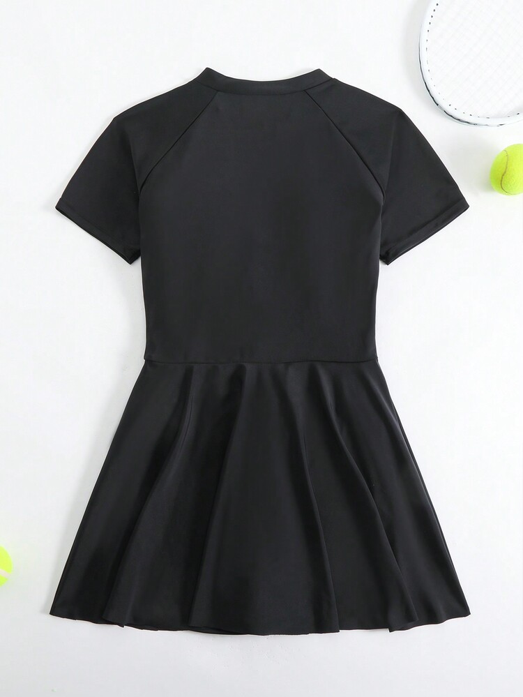 Girls/Teenage One-Piece Swimsuit With Zipper And Short Sleeve - Black - View 2