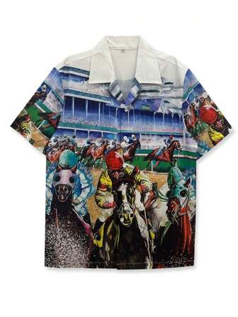 قميص كاجوال للرجال بطباعة سباق الخيول 140 جم قابل للأنبساط من 4 جوانب