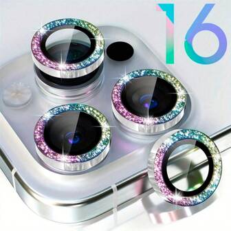 Camera Lens Case For IP Hone 16 Pro/For I-Phone 16 Pro Max With Glitter Colorful Metal Ring Decoration - Tempered Glass Screen Protector
