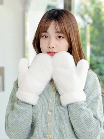 1 Pair Solid Color Winter Warm Thermal Lined Snowproof Gloves For Men And Women