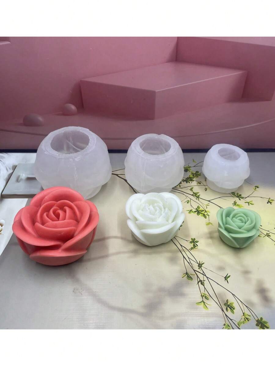 1 件 3D 玫瑰花形硅胶蜡烛模具,DIY 情人节蜡烛,玫瑰装饰冰模 - 白色 - 查看 1