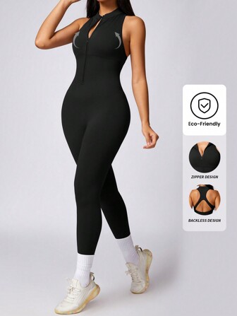 Yefecy 1pc Women Yoga Zip Jumpsuits Workout Ribbed Sleeveless High Neck Tops Sport Jumpsuits Shapewear Jumpsuit