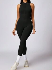 Yefecy 1pc Women Yoga Zipper Jumpsuit, Ribbed Sleeveless High Neck Top & Shapewear Pants - Black - View 6