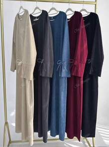 One Piece Autumn Winter Women Corduroy Closed Abaya Bowknot Sleeve Causal Long Dress With Pockets Moroccan Arab Robes, Modest