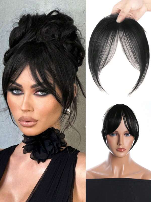 Clip-In Pony mit schwarzem Mittelscheitel, synthetisches Haarstück mit Pony, Clip-In Haarverlängerung für Frauen und Mädchen, hitzebeständig, geeignet für täglichen Gebrauch, Cosplay, Musikfestivals, Partys, Feiertage