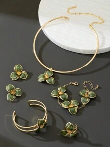 1 pièce Collier pendentif fleur dégradé de vert style vacances, 1 paire de boucles d'oreilles, 1 bague, 1 bracelet, 1 jonc - Ensemble de bijoux verts pour femmes Valentin, Maman, Mère, Fête des Mères, Cadeau