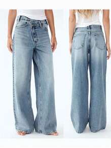 Womens Mid Rise Washed Jeans Crossover Wide Leg Loose Denim Pants Trousers With Pockets - Royal Blue - View 3