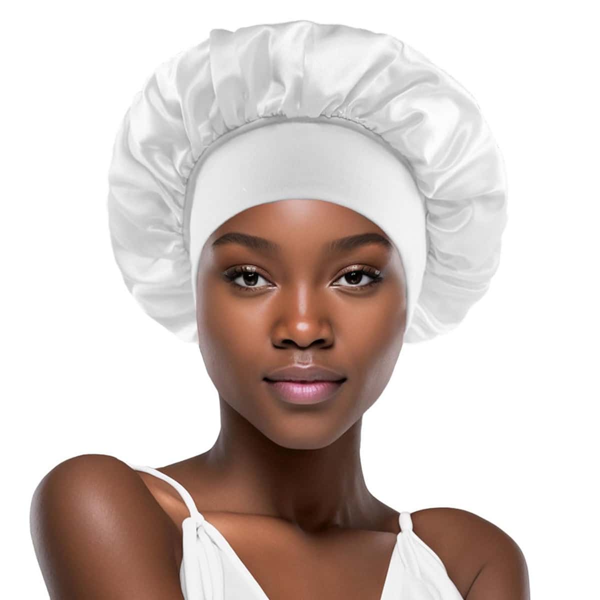Satin Bonnet For Curly Hair Bonnet Silk Bonnet For Sleeping White Women Sleep Cap Silk Night Cap Large Sleep Bonnet Hat(Bonnet/Hair Accessories/Travel Essentials For Women/Cruise Essentials) - White - View 1