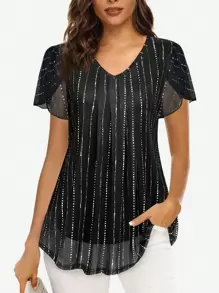 CheersLife Women's V-Neck Short Sleeve Casual Blouse With Double Layer Mesh - Black - View 1