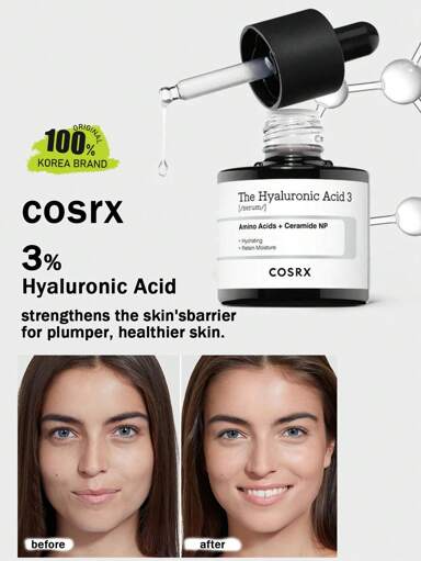 COSRX 纯透明质酸钠 3% 精华液，保湿滋润面部精华液，适用于细纹和皱纹，丰盈和修复干燥皮肤，0.67 液量盎司/20 毫升，不含人工香料，韩国美容礼品