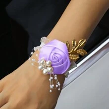 1pc Bride/Bridesmaid Burgundy Faux Rose Bead & Golden Leaf Wrist Corsage, Wedding/Party/Valentine's Day Decoration