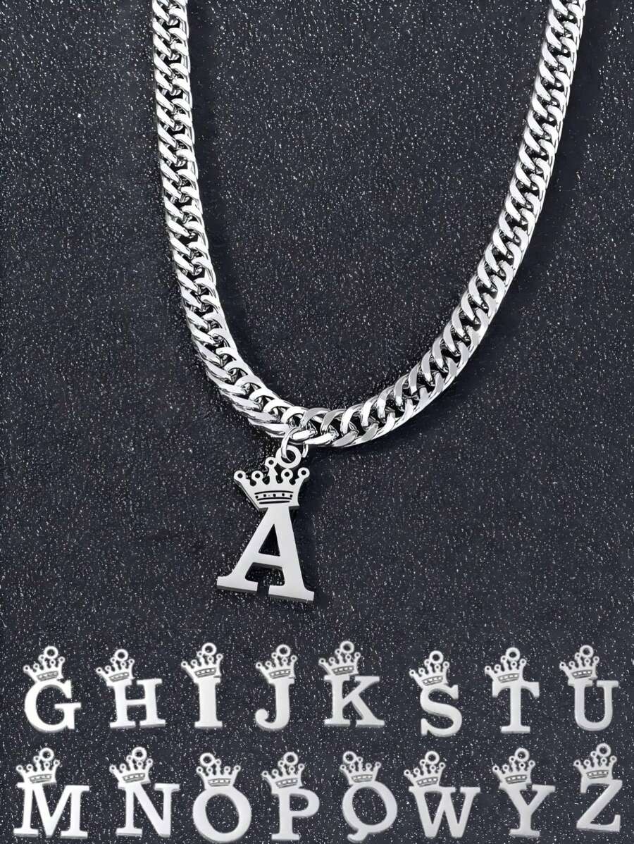 1 件嘻哈皇冠字母吊坠项链适合青少年不锈钢皇冠 26 字母项链生日礼物带延长链