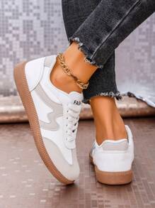 Damen Frühling/Herbst Lässig Trainer, Veloursleder Patchwork Multifunktions Mode Sneaker, flache Schnürschuhe mit runder Zehenkappe und Gummisohle, Retro Farbblock Schuhe, Alltags Weiße Sneaker - Grau - Übersicht 3