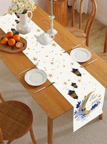 1 件 Eid Mubarak 桌旗，72.05x12.99 英寸，月亮灯笼和星星花朵图案，斋月装饰，伊斯兰开斋节派对用品 - 彩色 - 查看 2