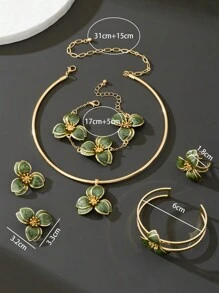 1 pièce Collier pendentif fleur dégradé de vert style vacances, 1 paire de boucles d'oreilles, 1 bague, 1 bracelet, 1 jonc - Ensemble de bijoux verts pour femmes Valentin, Maman, Mère, Fête des Mères, Cadeau