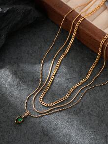 3pcs Set Stylish Simple Encrusted Retro Emerald Green Zirconia Pendant Necklaces For Men, Sports Jewelry Set - Yellow Gold - View 2