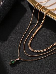 3pcs Set Stylish Simple Encrusted Retro Emerald Green Zirconia Pendant Necklaces For Men, Sports Jewelry Set - Yellow Gold - View 3