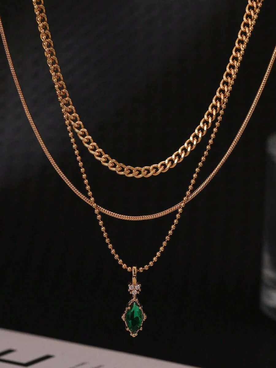 3pcs Set Stylish Simple Encrusted Retro Emerald Green Zirconia Pendant Necklaces For Men, Sports Jewelry Set - Yellow Gold - View 1