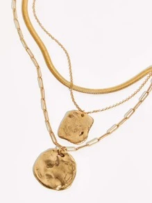 1 件复古欧洲波西米亚风不对称几何圆形和方形金属吊坠项链配蛇链，女士多层项链适合日常佩戴和礼物 - 合金三層項鍊 - 查看 8