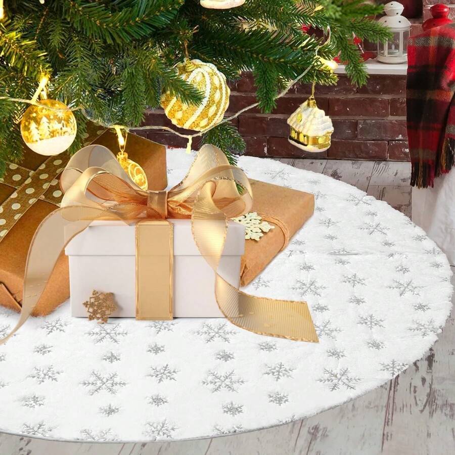 Christmas Tree Skirt 48 Inches Faux Fur White Christmas Tree Skirt For Christmas Tree Decorations Winter Holiday Home Christmas Party Ornaments - Silver Snow - View 1