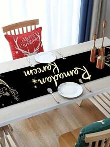 1 件 Eid Mubarak 桌旗，72.05x12.99 英寸，月亮灯笼和星星花朵图案，斋月装饰，伊斯兰开斋节派对用品 - 彩色 - 查看 5