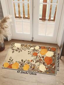 1 Stück mehrfarbiger Blumen bedruckter oranger Teppich für Wohnzimmer, wasserdicht, rutschfest und schmutzabweisend, geeignet für Raumdekor, Küche, Bad, Schlafzimmer, Fußmatte, Flächenteppich und Outdoor-Teppich für Zuhause, hergestellt aus Polyesterfaser, leicht zu reinigen und maschinenwaschbar, geeignet für alle Jahreszeiten und Feiertage