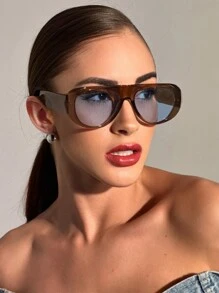 Visivana 1pc Oversized Oval Fashion Glasses, Fashion Retro High-End Glasses, Wide Frame Color Blocking Boho Vacay Vacay Vibes For Summer Beach Vacation,Outdoor,Travel - Brown Frame Blue Film - View 3