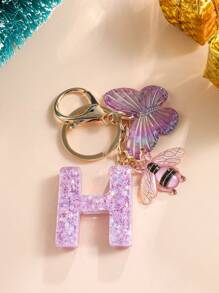 1pc Creative Alphabet Keychain With 26 English Letters & Bee, Kids Backpack Accessories, Gift For Girls - Purple - View 30