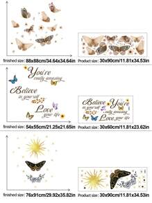 1 件 PVC 材料，水墨画风格蝴蝶与花卉背景墙装饰，彩色蝴蝶创意英文励志墙贴，多元素日月蝴蝶花朵装饰墙贴，适用于客厅、卧室、自粘式、女孩/男孩房间装饰、儿童房、托儿所贴纸 - 彩色 - 查看 4