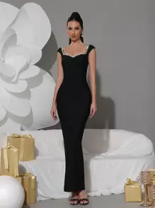 闪亮钻石装饰性感甜心领修身连衣裙，优雅女士正式晚礼服，派对礼服，婚礼宾客礼服