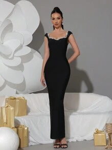 闪亮钻石装饰性感甜心领修身连衣裙，优雅女士正式晚礼服，派对礼服，婚礼宾客礼服