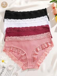 4pcs Women Minimalist Comfortable Lace Patchwork Seamless Briefs - Multicolor - View 3
