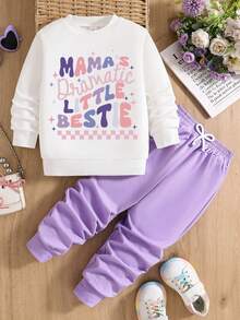 幼儿字母图案印花圆领运动衫和运动裤套装 - 紫色 - 查看 1
