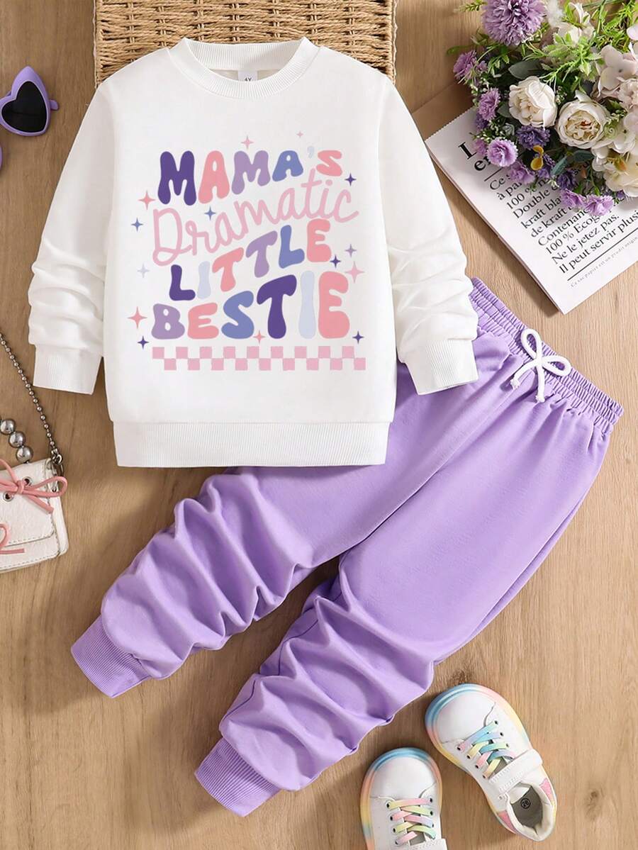 幼儿字母图案印花圆领运动衫和运动裤套装 - 紫色 - 查看 1