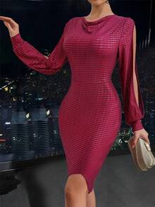 Nowa Elegancka Sukienka Damska Z Drapowanym Dekoltem I Rozcięciem Na Rękawach I Cekinami