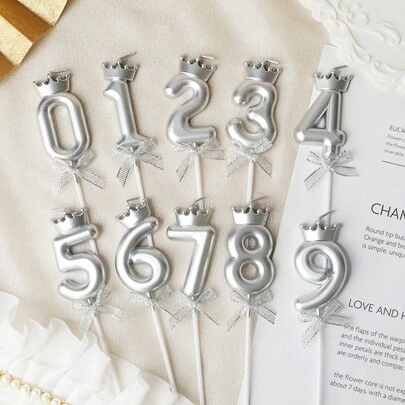 银色数字蜡烛皇冠蝴蝶结生日蛋糕0-9蜡烛生日派对插件装扮蜡烛
