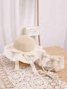 2pcs/Set Girl Hat And Bag, Summer New Cute Princess Pearl Mesh Bowknot Princess Sun Hat Bag Set, Suitable For Outings, Beach, Daily Wear