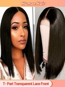 真人发鲍勃假发 13x5x1 T 部分蕾丝前假发短鲍勃 8 英寸中分假发巴西纯直发自然色 - 自然色&黑色系 - 查看 1