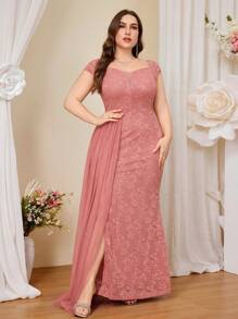 Plus Elegant Deep V-Neck Floral Lace Contrast Mesh Draped Side Split Thigh Formal Party Long Dress, Valentine's Day Dress, Summer Dress, Wedding Guest Dress, Prom Evening Gown, For Graduation, Dinner, Homecoming Dress - Dusty Pink - View 5