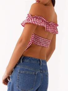 Women's Summer Slim Tops Short Sleeve Off Shoulder Open Back Plaid T-Shirt - Red - View 7