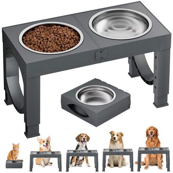 1 Set Elevated Dog Bowls, Collapsible Design, 4 Adjustable Heights, Dog Raised Bowls With 2 Stainless Steel Bowls, No Slip Dog Feeder For Medium Large Breed Dogs
