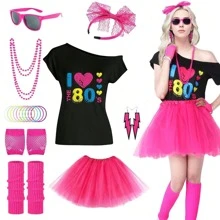 Rosa Vermelho 21 peças Fantasia dos Anos 80 para Mulheres, Conjunto de Acessórios de Fantasia dos Anos 80, Camiseta com Estampa de Lábios, Saia Tutu Adulta, Tiara de Renda, Ideal para Qualquer Época do Ano, Dia dos Namorados, Baile de Formatura, Halloween