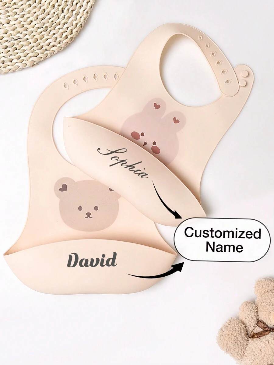 1pc Custom Silicone Baby Bib, Soft Adjustable Waterproof Anti-Dirty Anti-Leakage Bib With Cute Bunny & Teddy Bear Design, Suitable For All Seasons - Multicolor - View 1