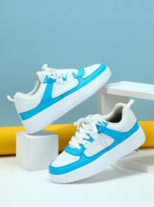 New Flat Sneakers, Lightweight Breathable Comfortable Women Shoes, Fashion Minimalist Versatile Shock Absorbing Soft Sole Casual Outdoor Travel Walking Shoes - White and Blue - View 1