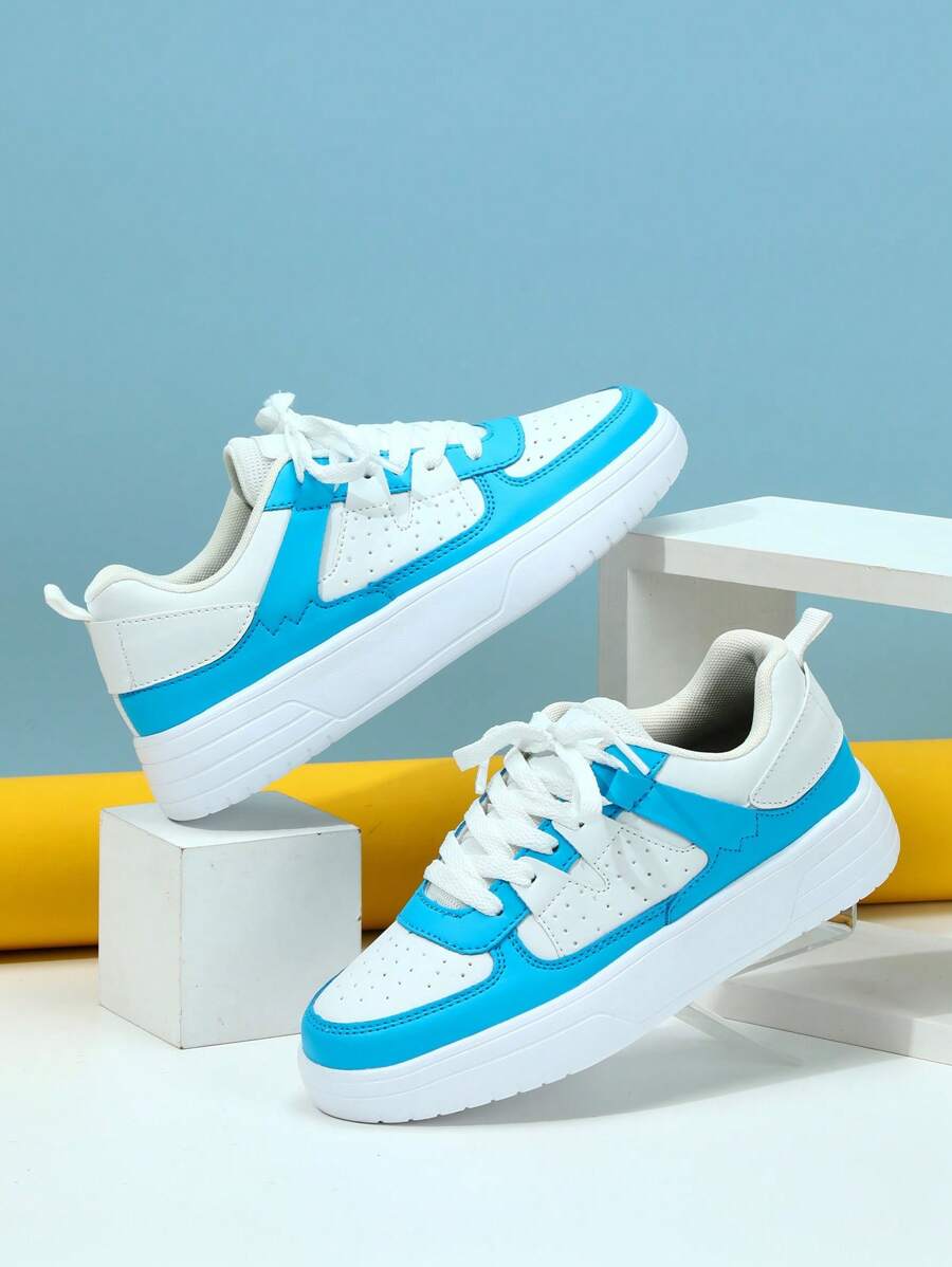 New Flat Sneakers, Lightweight Breathable Comfortable Women Shoes, Fashion Minimalist Versatile Shock Absorbing Soft Sole Casual Outdoor Travel Walking Shoes - White and Blue - View 1