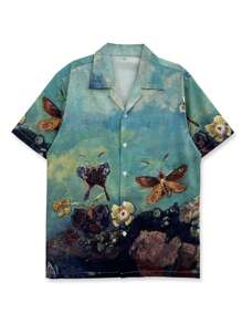 Heren 140g 4-Way Stretch Bedrukt Shirt, Positionering Bloemen Olieverfschilderij, Vlinder & Motten Ontwerp