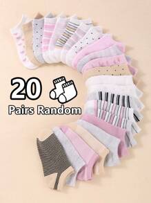 20双随机颜色条纹爱心图案儿童运动短袜，柔软轻盈低帮无缝袜，四季皆宜，舒适百搭，纯色袜，船袜，女童袜 - 彩色 - 查看 6